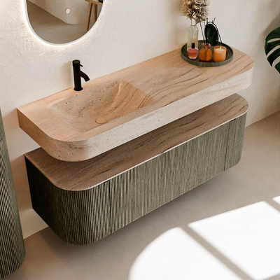 MONDIAZ THOR-DLUX 140cm meuble de salle de bains arrondi gauche + droite couleur Shadow avec 1 tiroir et 2 portes. Vasque suspendue CLOUD Gauche 1 trou de robinet couleur Saba.