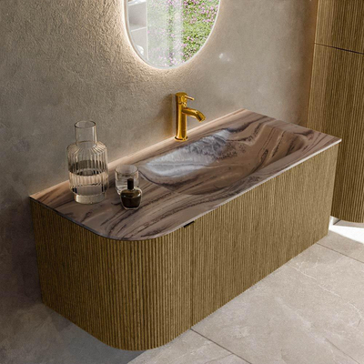 MONDIAZ KURVE-DLUX Meuble de salle de bains 105cm arrondi à gauche couleur Dusk avec 1 tiroir et 1 porte. Lavabo BIG SMALL à droite 1 trou de robinet Sombra.