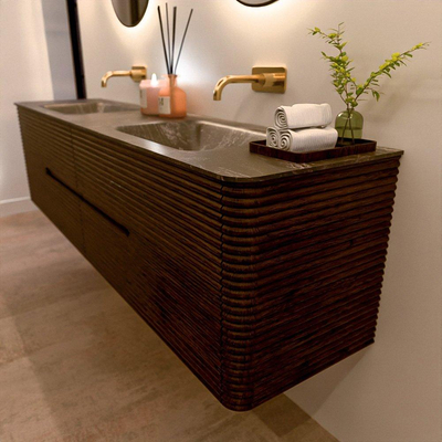 Mondiaz CIRO-DLUX Badkamermeubelset - 190x45x50cm - Solid surface wastafel Lava - 2 wasbak Dubbel - zonder kraangaten - 4 lades - Walnut