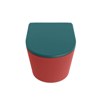 Mondiaz LAVIE hangtoilet – spoelrandloos – 36 x 53 cm – met softclose zitting – Fire (rood), zitting Smag (groen)