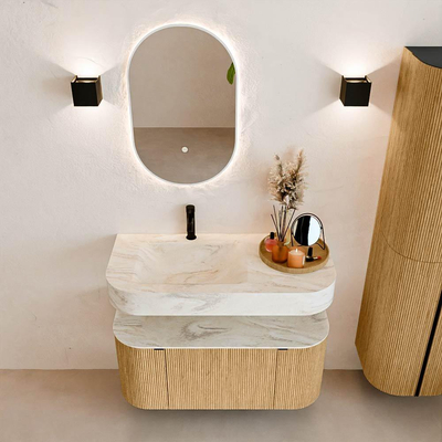 MONDIAZ THOR-DLUX 100cm badmeubel ronding links + rechts kleur Oak met 1 lade en 2 deuren. Vrijhangende wastafel CLOUD Links 1 kraangat kleur Ostra.