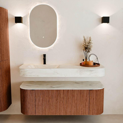 MONDIAZ THOR-DLUX 130cm meuble de salle de bains arrondi gauche + droite couleur Ruby avec 1 tiroir et 2 portes. Vasque suspendue CLOUD Gauche 1 trou de robinet couleur Ostra.