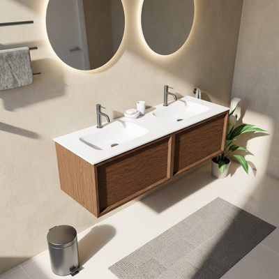 Saniclass Holz Frame Ensemble meuble de salle de bains - 140x45x41.5cm - Flow vasque en solid surface blanc - 2 vasques - 2 trous de robinetterie - 2 tiroirs - noyer pure mat (bois)