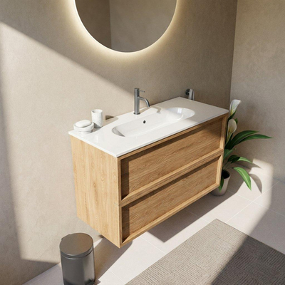 Saniclass Holz Frame Ensemble meuble de salle de bains - 100x45x73.9cm - lavabo en céramique Chaci blanc - 1 vasque - 1 trou de robinet - 2 tiroirs - chêne natural mat (bois)
