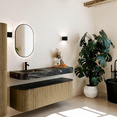 MONDIAZ THOR-DLUX 150cm meuble de salle de bains arrondi gauche + droite couleur Dusk avec 1 tiroir et 2 portes. Vasque suspendue CLOUD Gauche 1 trou de robinet couleur Lava.