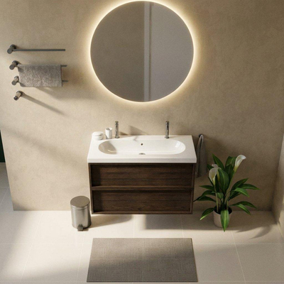 Saniclass Holz Frame Ensemble meuble de salle de bains - 100x45x63.5cm - lavabo en céramique Palermo blanc - 1 vasque - 2 trous de robinetterie - 2 tiroirs - chêne charcoal mat (bois)