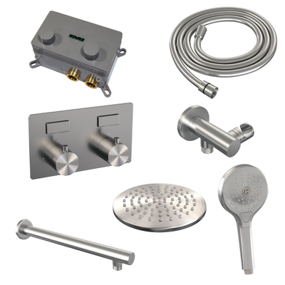BRAUER Brushed Edition Douche de pluie thermostatique encastrée - boutons-poussoirs - SET 55 - pomme de douche 20 cm - bras mural droit - douchette 3 jets - flexible de douche - coude de raccordement mural - inox brossé PVD