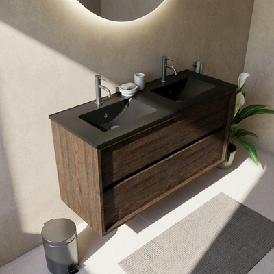 Saniclass Holz Frame Ensemble meuble de salle de bains - 120x45x62cm - Lavabo Vygo en céramique noir - 2 vasques - 2 trous de robinet - 2 tiroirs - chêne charcoal mat (bois)