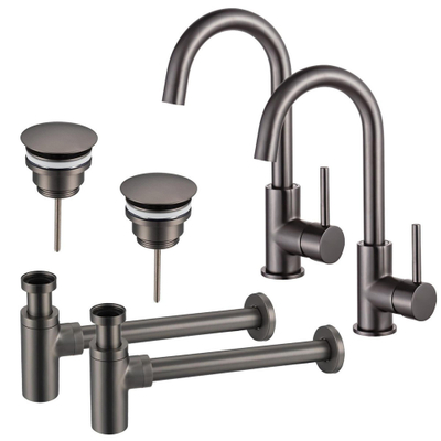 FugaFlow Eccelente Sobrado Badkamer Wastafelkraanset - voor dubbele wastafel - hoge wastafelkraan - draaibare uitloop - always open plug - design sifon - PVD Gepolijst Gunmetal