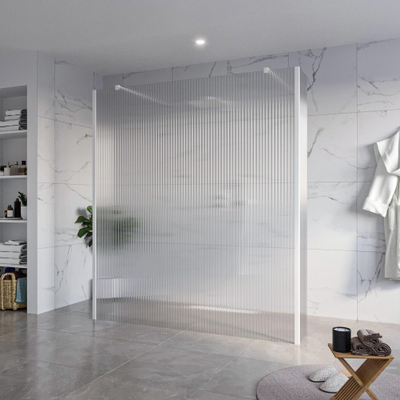 FugaFlow Eccelente Vetro Douche à l'italienne libre - 180x200cm - Clair strié - anti-calcaire - verre de sécurité 8mm - 2 parois latérales 30cm - avec bras muraux et profils d'angle - Blanc mat -