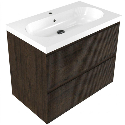 Saniclass Holz Atelier Ensemble de meubles de salle de bains - 80x45x63.5cm - lavabo en céramique Palermo blanc - 1 vasque - 1 trou de robinetterie - 2 tiroirs - chêne charcoal mat (bois)