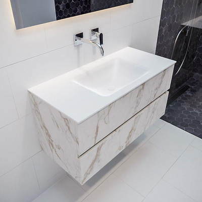 ENSEMBLE DE MEUBLE MONDIAZ VICA - 100cm - 2 tiroirs - lavabo Cloud central - 0 trous de robinet - solid surface marbre Carrara
