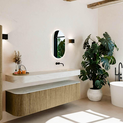 MONDIAZ THOR-DLUX 180cm badmeubel ronding links + rechts kleur Dusk met 2 lades en 2 deuren. Vrijhangende wastafel CLOUD Rechts zonder kraangat kleur Opalo.