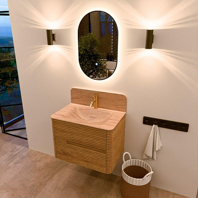 Mondiaz CIRO-DLUX Meuble de salle de bains - 70x45x50cm - Plan-vasque solid surface Saba - 1 vasque au milieu - 1 trou de robinetterie - 2 tiroirs - Chêne