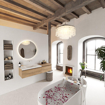 MONDIAZ BUKLA meuble de salle de bain 140 cm avec module 60 couleur Chêne blanchi avec 2 tiroirs. Lavabo CLOUD à gauche 0 trous de robinet couleur Talc.