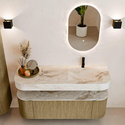 MONDIAZ THOR-DLUX Meuble de salle de bains 140cm arrondi gauche + droite couleur Dusk avec 1 tiroir et 2 portes. Vasque suspendue CLOUD Droite 1 trou de robinet couleur Frappe.