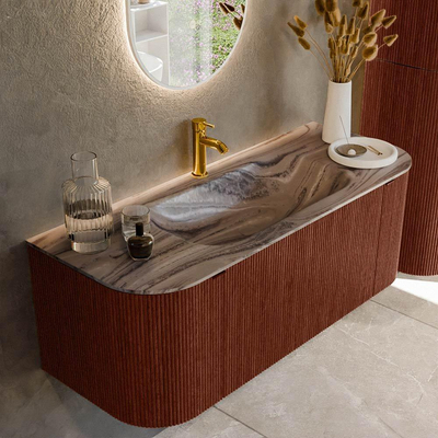 MONDIAZ KURVE-DLUX 120cm badmeubel ronding Links + Rechts kleur Ruby met 1 lade en 2 deuren. Wastafel BIG SMALL Midden 1 kraangat Sombra.