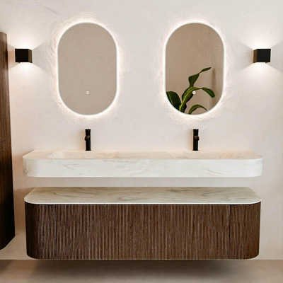 MONDIAZ THOR-DLUX 170cm meuble de salle de bains arrondi gauche + droite couleur Walnut avec 1 tiroir et 2 portes. Vasque suspendue CLOUD Double 2 trous de robinet couleur Ostra.