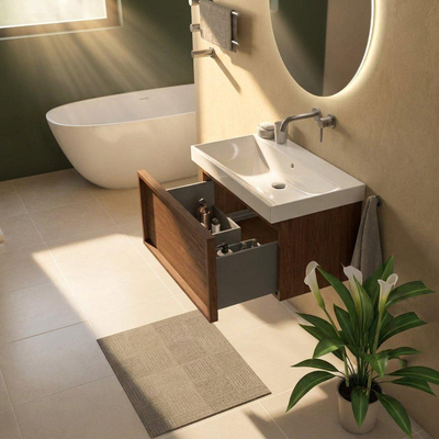 Saniclass Holz Frame Ensemble meuble de salle de bains - 80x45x47.5cm - lavabo Wave en céramique - 1 vasque - sans trou de robinet - 1 tiroir - walnut pure mat (bois)