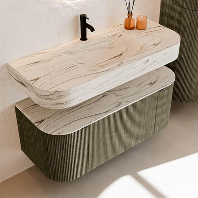 MONDIAZ THOR-DLUX 110cm meuble de salle de bains arrondi gauche + droite couleur Shadow avec 1 tiroir et 2 portes. Vasque suspendue CLOUD Milieu 1 trou de robinet couleur Nata.