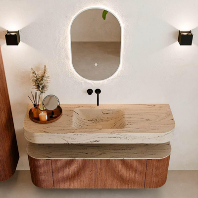 MONDIAZ THOR-DLUX 140cm meuble de salle de bains arrondi gauche + droite couleur Ruby avec 1 tiroir et 2 portes. Vasque suspendue CLOUD Centre sans trou de robinet couleur Arena.