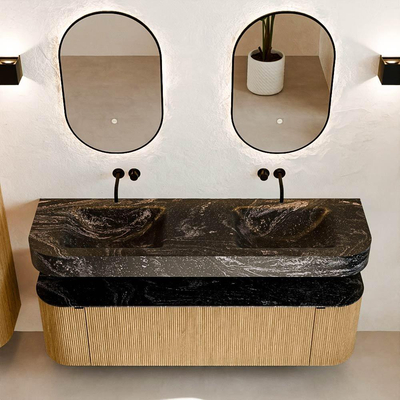 MONDIAZ THOR-DLUX 160cm badmeubel ronding links + rechts kleur Oak met 1 lade en 2 deuren. Vrijhangende wastafel CLOUD Dubbel zonder kraangat kleur Lava.