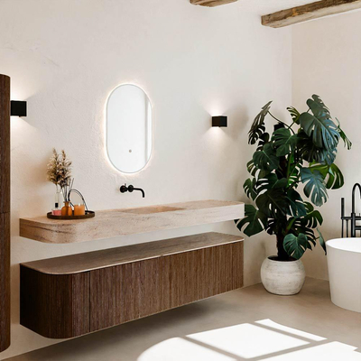 MONDIAZ THOR-DLUX Meuble de salle de bains - 190cm - arrondi gauche + droite - couleur Walnut - 2 tiroirs et 2 portes - Vasque suspendue CLOUD Milieu sans trou de robinet couleur Saba