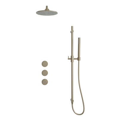 Fortifura Nebbio Regendoucheset - inbouwkraan - inbouwdeel - glijstang - doucheslang glad - staafhanddouche - 35cm wandarm - 30cm ronde hoofddouche - PVD - geborsteld messing (goud)