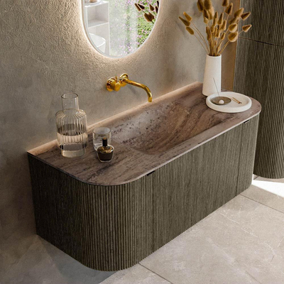 MONDIAZ KURVE-DLUX Meuble de salle de bains 110cm arrondi Gauche + Droite couleur Shadow avec 1 tiroir et 2 portes. Plan-vasque CLOUD Central sans trou de robinet Oza.