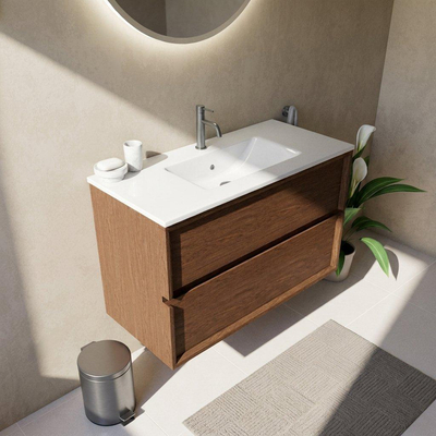 Saniclass Holz Frame Ensemble de meubles de salle de bains - 100x45x62cm - Vygo lavabo en céramique blanc - 1 vasque - 1 trou de robinetterie - 2 tiroirs - walnut pure mat (bois)