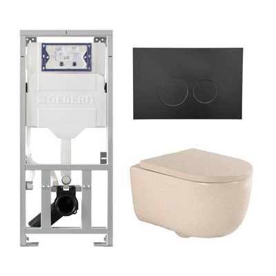 QeramiQ Dely Swirl Ensemble WC - 36.3x51.7cm - Réservoir encastré Geberit UP320 - Abattant de 35mm d'épaisseur - Plaque de commande en métal noir mat - Boutons ronds - Beige