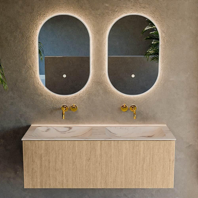 MONDIAZ KURVE-DLUX Meuble de salle de bains 120cm couleur Oak avec 1 tiroir et 0 porte. Lavabo LEAF Double sans trou de robinet Nata.