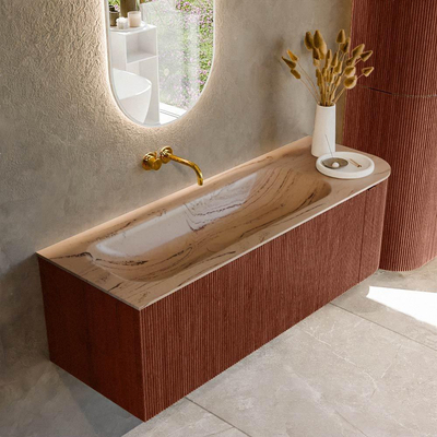 MONDIAZ KURVE-DLUX Meuble de salle de bains 135cm arrondi à droite couleur Ruby avec 1 tiroir et 1 porte. Lavabo BIG MEDIUM à gauche sans trou de robinet Arena.