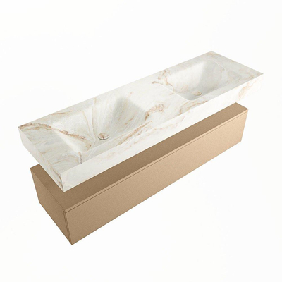 Mondiaz ALAN-DLUX Ensemble de meuble - 150cm - meuble Oro mat - 1 tiroir - Lavabo Cloud Frappe suspendu - vasque Gauche et droite - 2 trous de robinet
