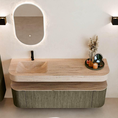 MONDIAZ THOR-DLUX 160cm meuble de salle de bains arrondi gauche + droite couleur Shadow avec 1 tiroir et 2 portes. Vasque suspendue CLOUD Gauche 1 trou de robinet couleur Saba.