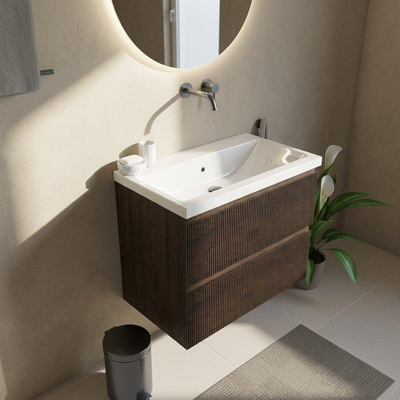 Saniclass Holz Atelier Ensemble de meubles de salle de bains - 80x45x63.5cm - lavabo Bari en céramique blanc - 1 vasque - sans trou de robinetterie - 2 tiroirs - chêne charcoal mat (bois)