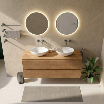 Saniclass Holz Atelier Ensemble de meubles de salle de bains - 160x45x62cm - plan de toilette en bois - sans trou de robinet - 4 tiroirs - chêne natural mat (bois)