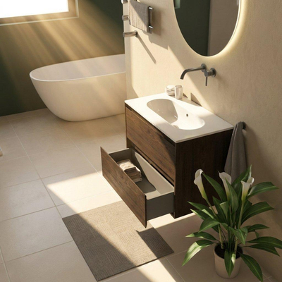 Saniclass Holz Pure Ensemble de meubles de salle de bains - 80x45x73.9cm - Lavabo en céramique Chaci blanc - 1 vasque - sans trou de robinetterie - 2 tiroirs - chêne charcoal mat (bois)