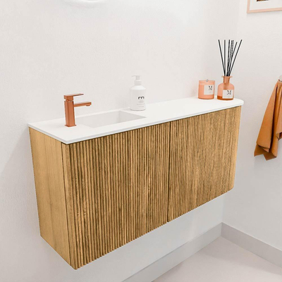 Mondiaz JOYA 91.6cm toiletmeubel - ronding rechts kleur Oak - Wastafel FAYE positie Links 1 kraangat kleur Talc.