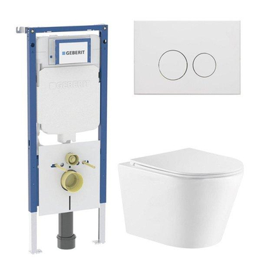 QeramiQ Dely Toiletset - 36.3x51.7cm - diepspoel - rimless - Geberit UP720 inbouwreservoir - softclose toiletzitting - mat witte bedieningsplaat - ronde knoppen - met Burda frame - glans wit