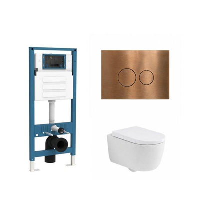 QeramiQ Dely Swirl Ensemble de toilettes - réservoir encastré Qeramiq Flush - abattant 35 mm - plaque de commande en métal cuivre - boutons ronds - blanc mat
