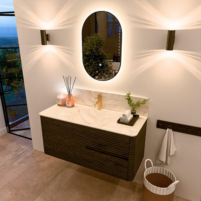 Mondiaz CIRO-DLUX Meuble de salle de bains - 110x45x50cm - plan vasque solid surface Ostra - 1 lavabo au milieu - 1 trou de robinet - 2 tiroirs - Shadow