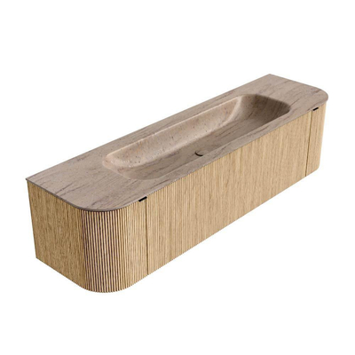 MONDIAZ KURVE-DLUX 170cm badmeubel ronding Links + Rechts kleur Oak met 1 lade en 2 deuren. Wastafel BIG LARGE Midden 2 kraangaten Saba.