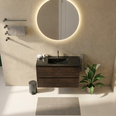 Saniclass Holz Pure Ensemble de meubles de salle de bains - 100x45x62cm - lavabo en céramique Vygo noir - 1 vasque - 1 trou de robinetterie - 2 tiroirs - chêne charcoal mat (bois)