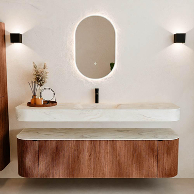 MONDIAZ THOR-DLUX 170cm meuble de salle de bains arrondi gauche + droite couleur Ruby avec 1 tiroir et 2 portes. Vasque suspendue CLOUD Milieu 1 trou de robinet couleur Ostra.