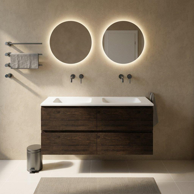 Saniclass Holz Pure Ensemble meuble de salle de bains - 140x45x77.5cm - lavabo Torino en solid surface blanc - sans trou de robinetterie - 4 tiroirs - chêne charcoal mat (bois)