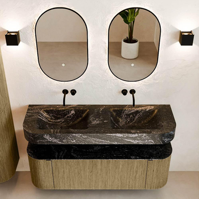 MONDIAZ THOR-DLUX 140cm meuble de salle de bains arrondi gauche + droite couleur Dusk avec 1 tiroir et 2 portes. Vasque suspendue CLOUD Double sans trou de robinet couleur Lava.