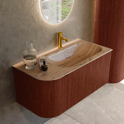 MONDIAZ KURVE-DLUX Meuble de salle de bains 95cm arrondi à gauche couleur Ruby avec 1 tiroir et 1 porte. Lavabo BIG SMALL à droite 1 trou de robinet Arena.