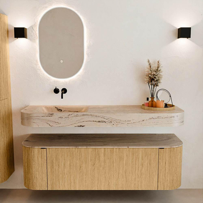 MONDIAZ THOR-DLUX 150cm meuble de salle de bains arrondi gauche + droite couleur Oak avec 1 tiroir et 2 portes. Vasque suspendue CLOUD Gauche sans trou de robinet couleur Arena.