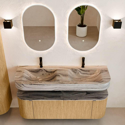 MONDIAZ THOR-DLUX Meuble de salle de bains 140cm arrondi gauche + droite couleur Oak avec 1 tiroir et 2 portes. Vasque suspendue CLOUD Double 2 trous de robinet couleur Sombra.